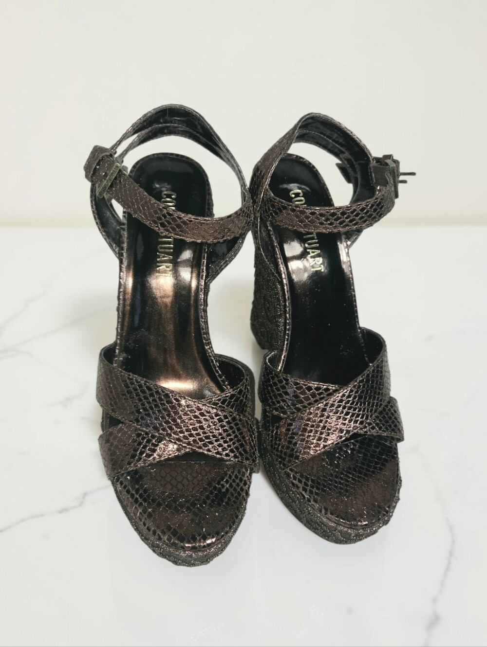 Colin Stuart Bronze Snake-Embossed Wedge Sandals